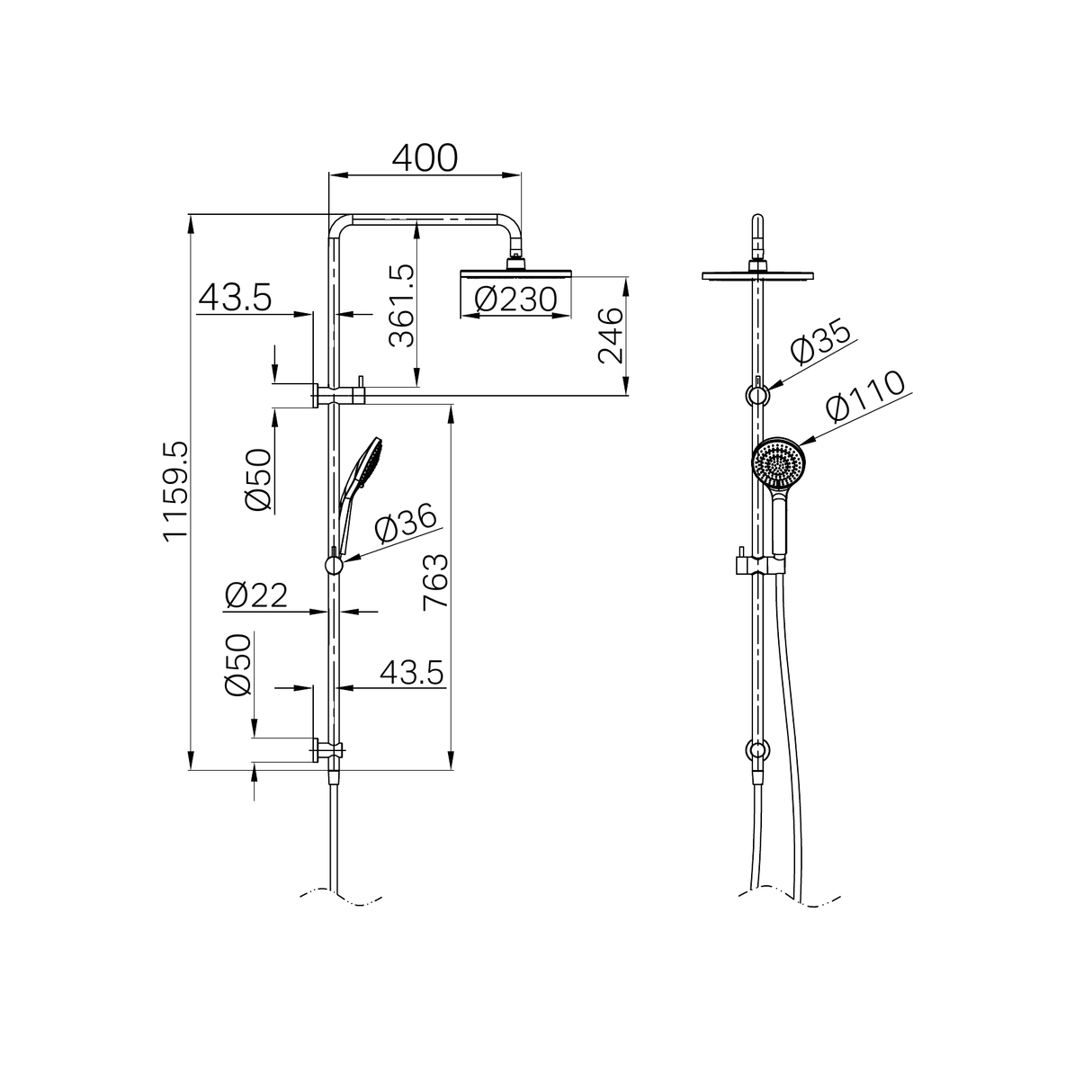 A line drawing of Nero Tapware Round Twin Shower With Air Shower I Matte Black