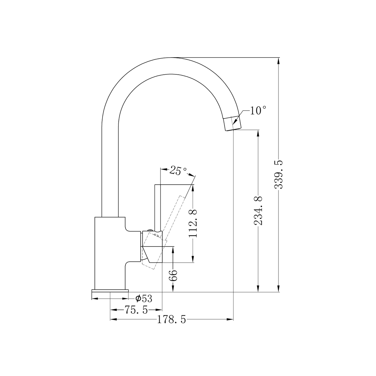 A line drawing of Nero Tapware Dolce Kitchen Mixer Gooseneck Brushed Gold
