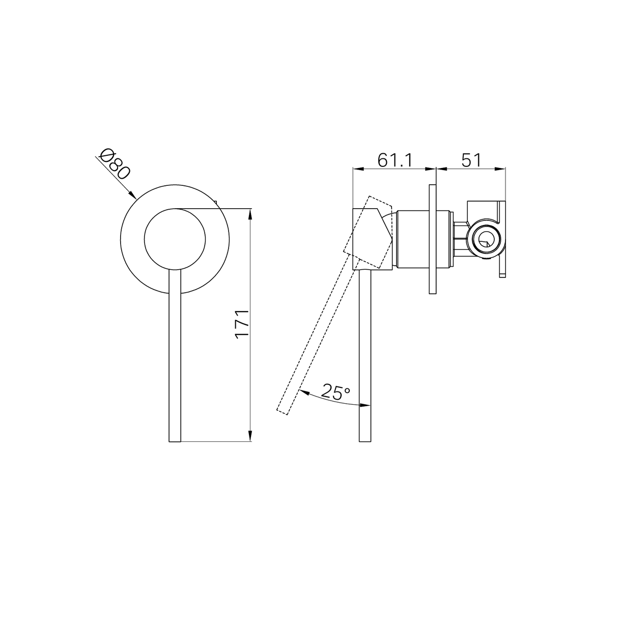 A line drawing of Nero Tapware Dolce Care Shower Mixer Chrome