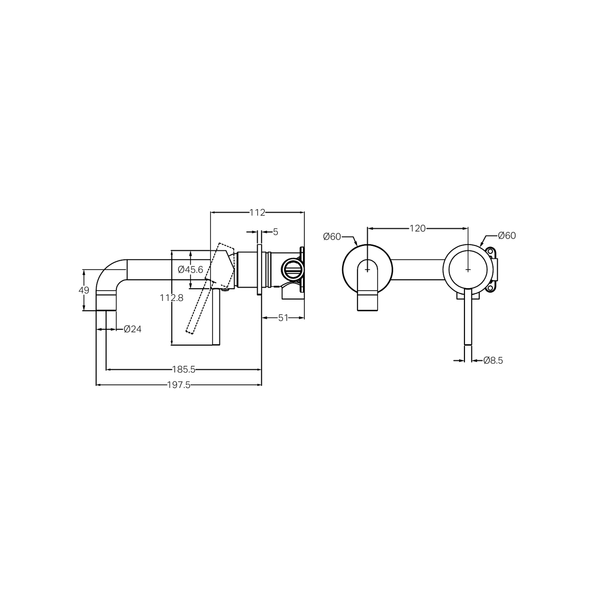 A line drawing of Nero Tapware Dolce Wall Basin/Bath Mixer Separate Back Plate Chrome