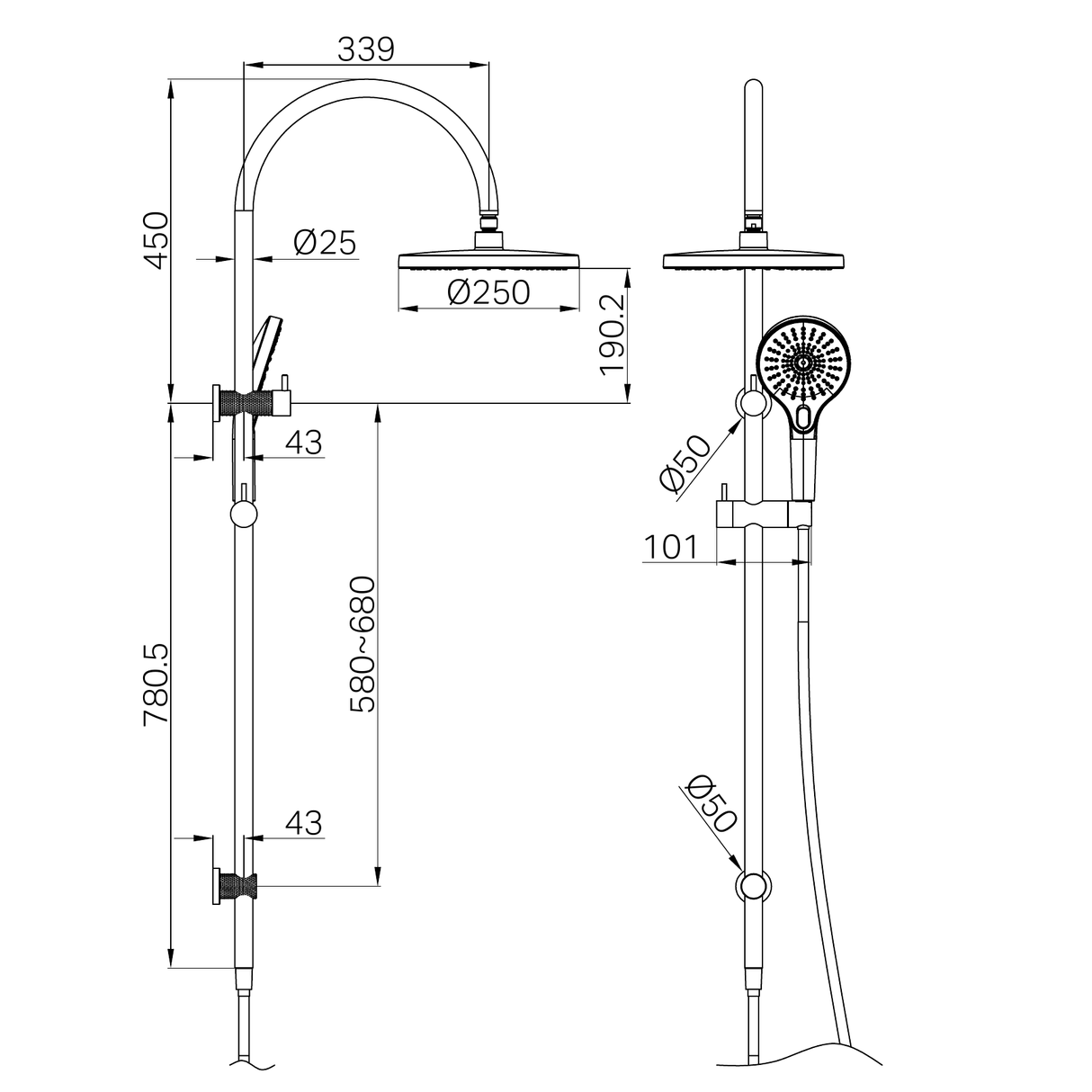 A line drawing of Nero Tapware Opal Twin Shower Brushed Gold