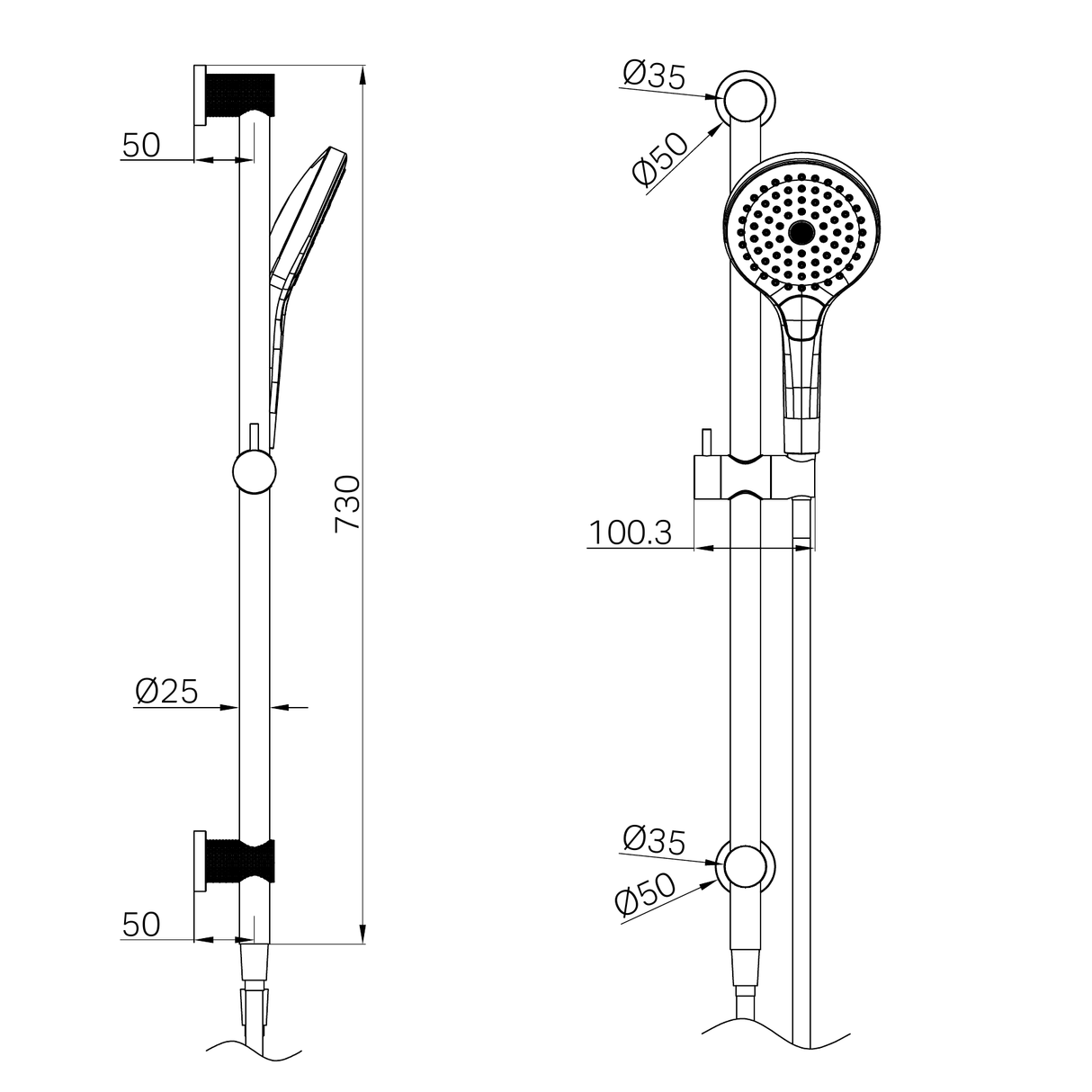 A line drawing of Nero Tapware Opal Shower Rail With Air Shower II Brushed Gold