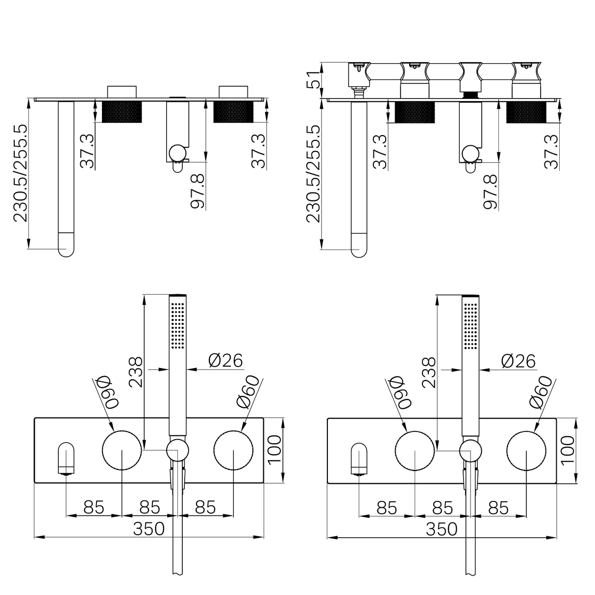 A line drawing of Nero Tapware Opal Progressive Shower System With Spout 230mm Brushed Nickel