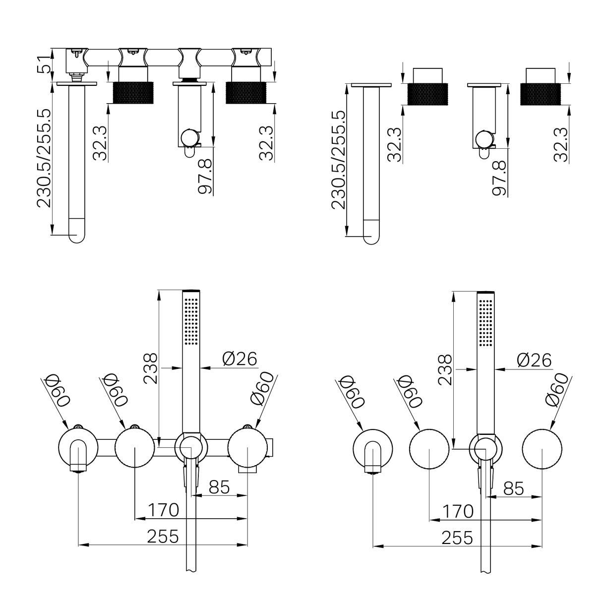 A line drawing of Nero Tapware Opal Progressive Shower System Separate Plate With Spout 230mm Brushed Nickel