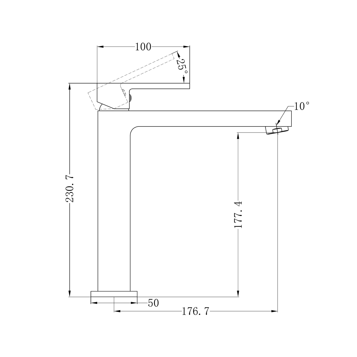 A line drawing of Nero Tapware Ecco Tall Basin Mixer Matte Black