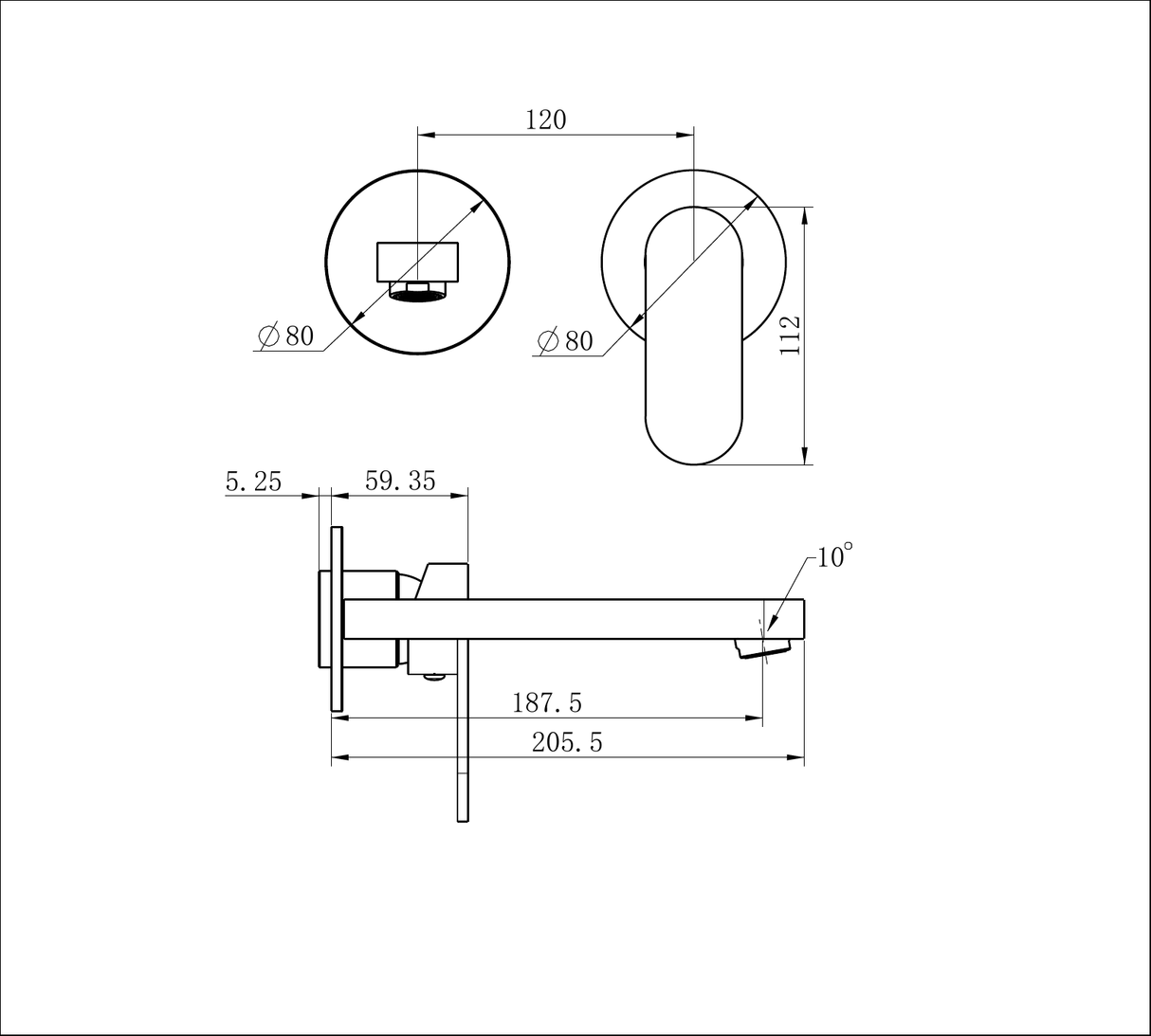 A line drawing of Nero Tapware Ecco Wall Basin/Bath Mixer Separate Back Plate Chrome
