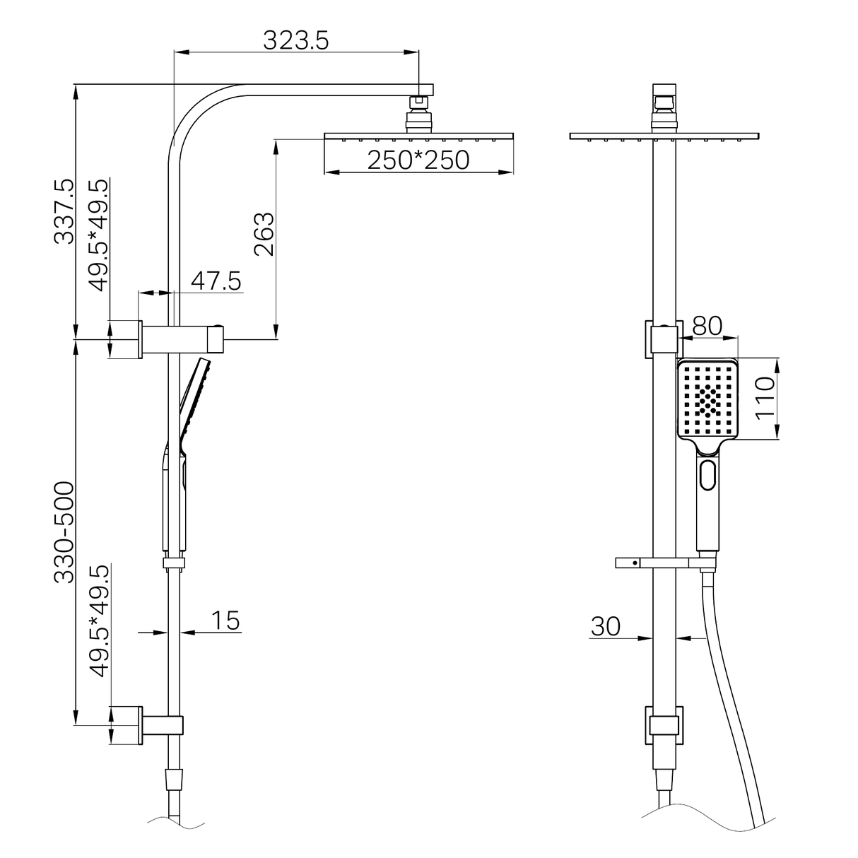 A line drawing of Nero Tapware Celia Twin Shower Brushed Nickel