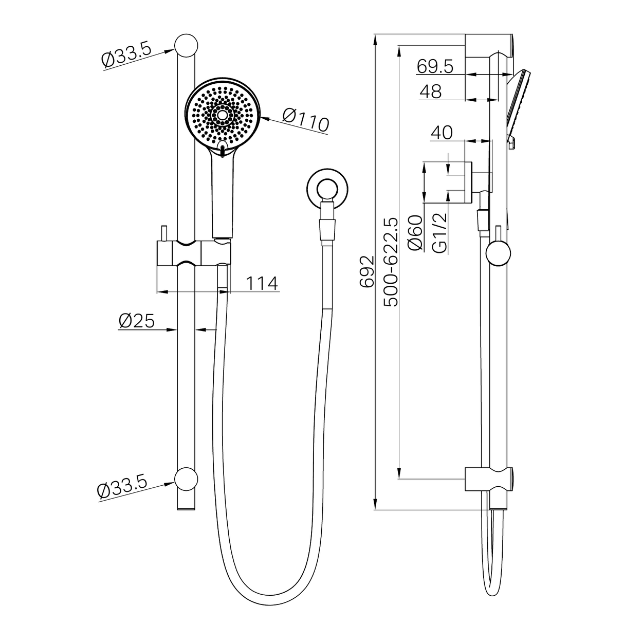A line drawing of Nero Tapware Builder Project Shower Rail Matte Black