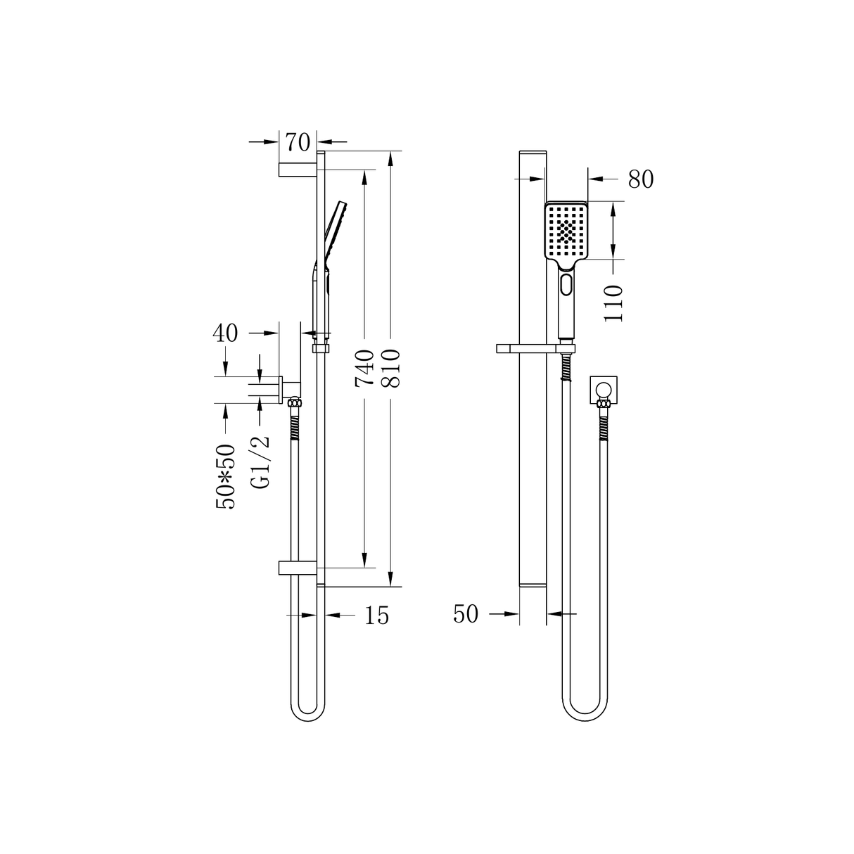 A line drawing of Nero Tapware Celia New Shower Rail Brushed Nickel