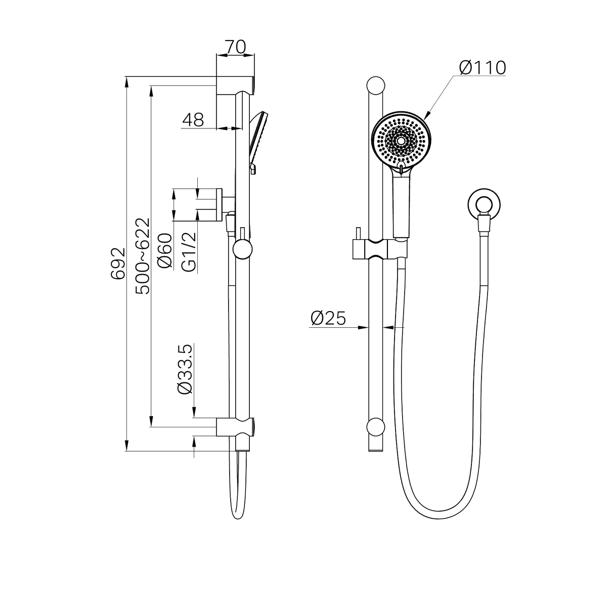 A line drawing of Nero Tapware Round Metal Project Rail Shower Chrome