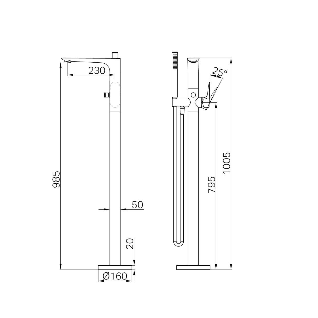 A line drawing of Nero Tapware Bianca Freestanding Bath Mixer With Hand Shower Brushed Bronze