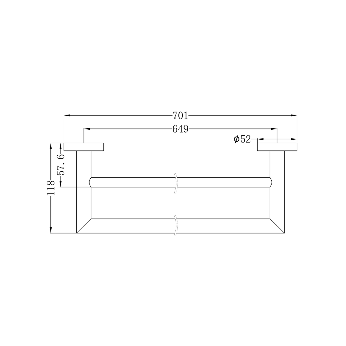 A line drawing of Nero Tapware Dolce Double Towel Rail 700mm Brushed Nickel