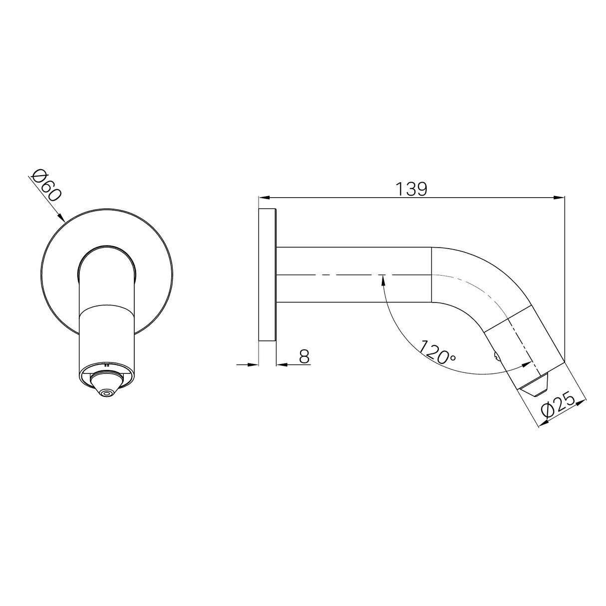 A line drawing of Nero Tapware Mecca Wall Mounted Soap Sensor Dispenser Gun Metal