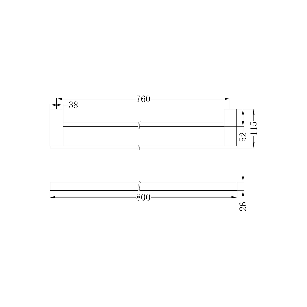 A line drawing of Nero Tapware Celia Double Towel Rail 800mm Chrome