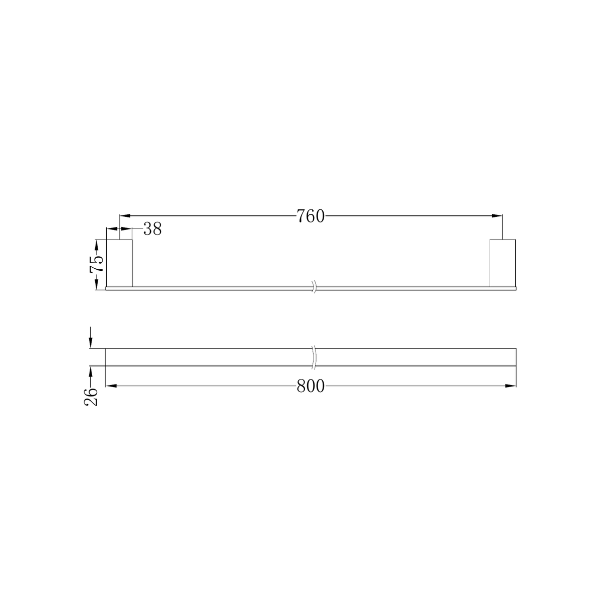 A line drawing of Nero Tapware Celia Single Towel Rail 800mm Brushed Nickel