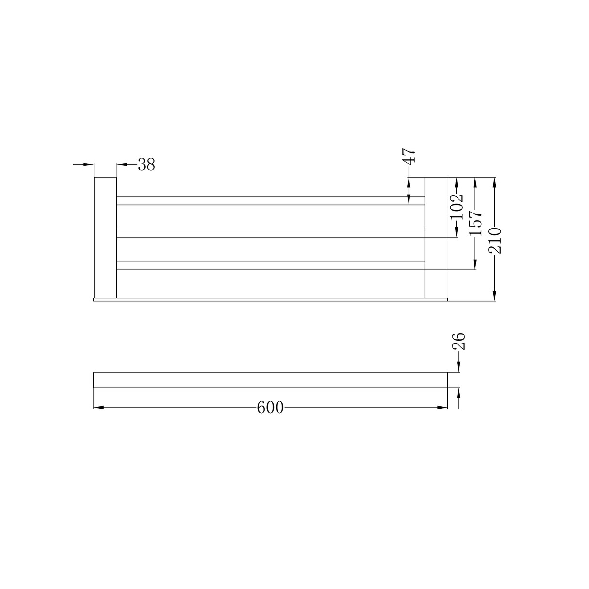 A line drawing of Nero Tapware Celia Towel Rack Matte Black