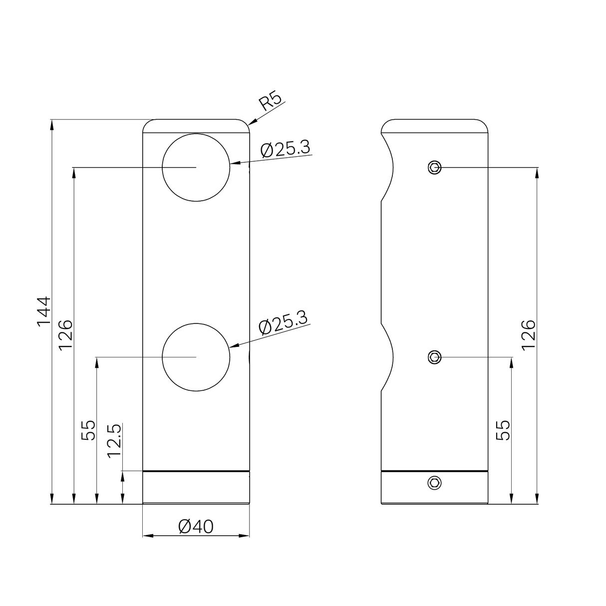 A line drawing of Nero Tapware Mecca Care Make Your Own 25mm Grab Rail Double Towel Bracket Right Matte Black