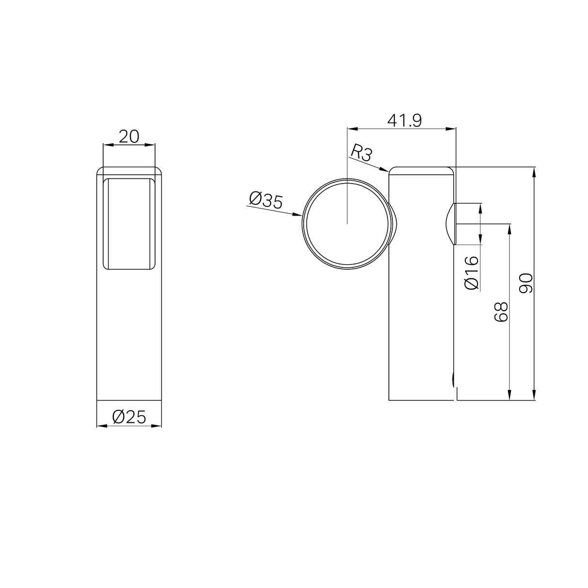 A line drawing of Nero Tapware Mecca Care Make Your Own 32mm Hand Rail Undermount Mid Bracket Chrome