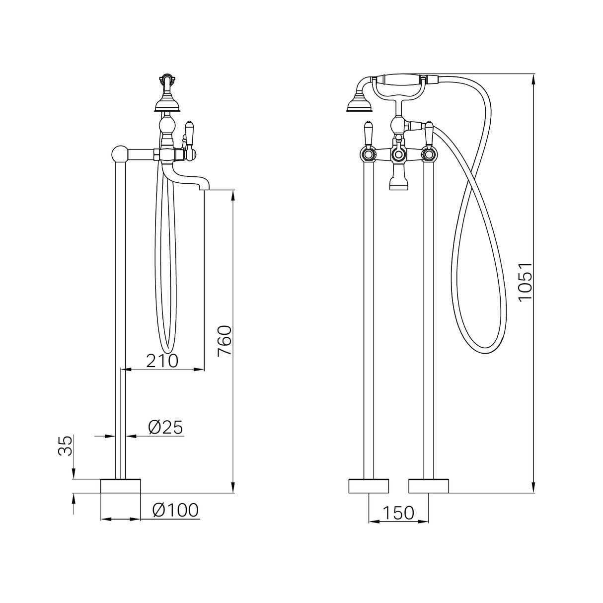 A line drawing of Nero Tapware York Freestanding Bath Set With Metal Hand Shower Aged Brass