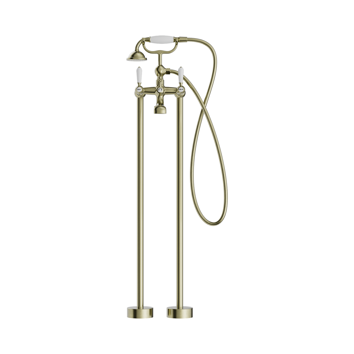 An image of Nero Tapware York Freestanding Bath Set With White Porcelain Hand Shower Aged Brass