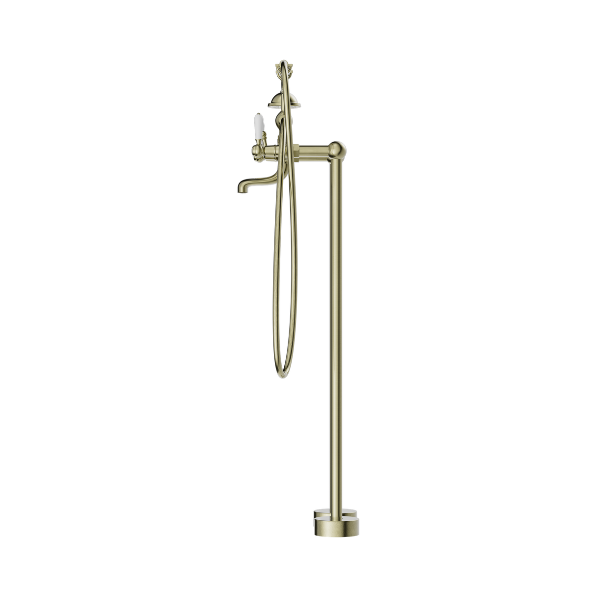 An image of Nero Tapware York Freestanding Bath Set With White Porcelain Hand Shower Aged Brass
