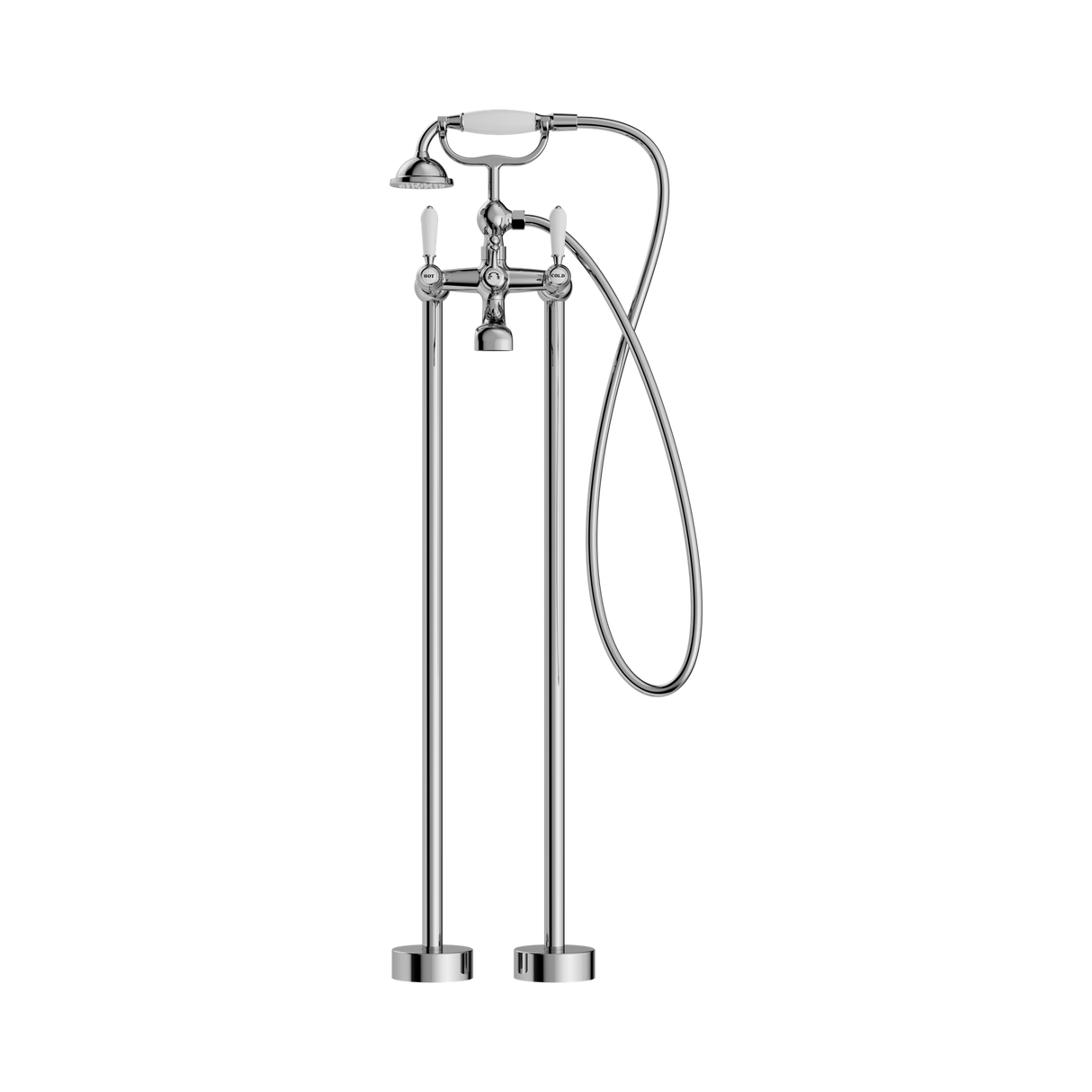 An image of Nero Tapware York Freestanding Bath Set With White Porcelain Hand Shower Chrome