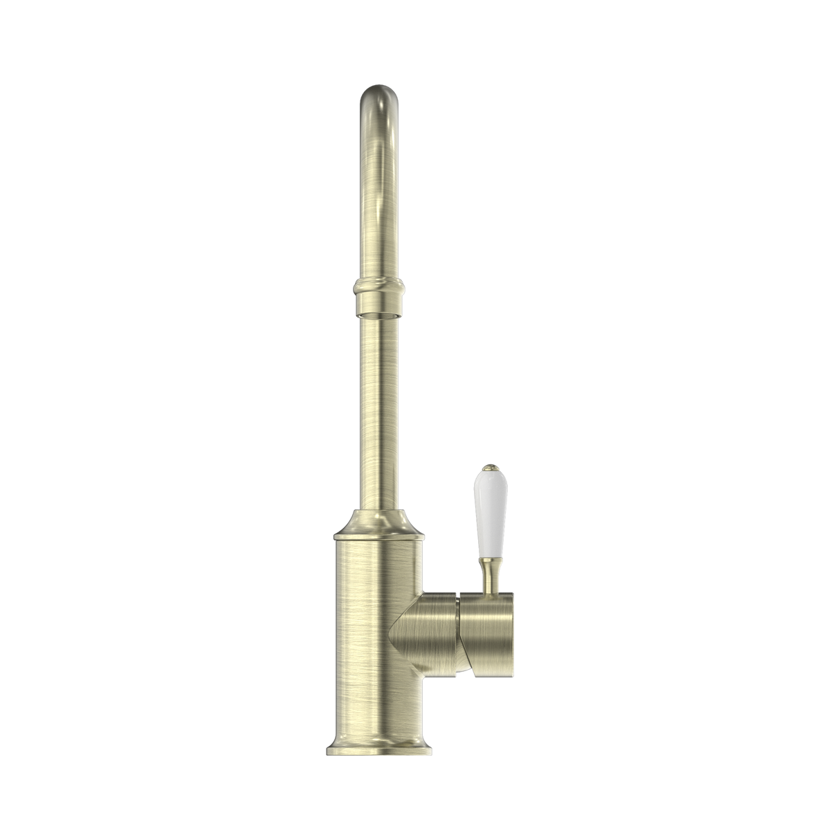 An image of Nero Tapware York Kitchen Mixer Gooseneck Spout With White Porcelain Lever Aged Brass
