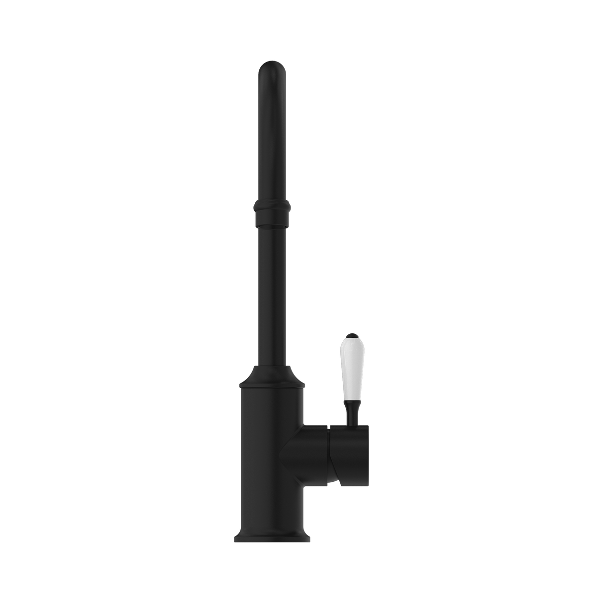 An image of Nero Tapware York Kitchen Mixer Gooseneck Spout With White Porcelain Lever Matte Black