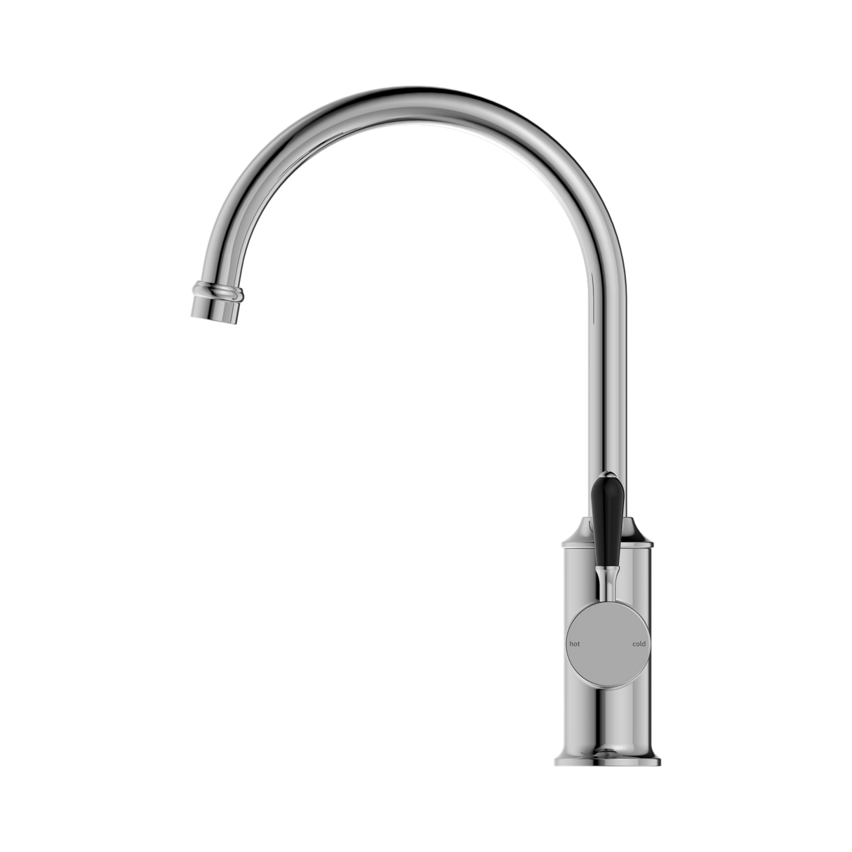 An image of Nero Tapware York Kitchen Mixer Gooseneck Spout With Black Porcelain Lever Chrome