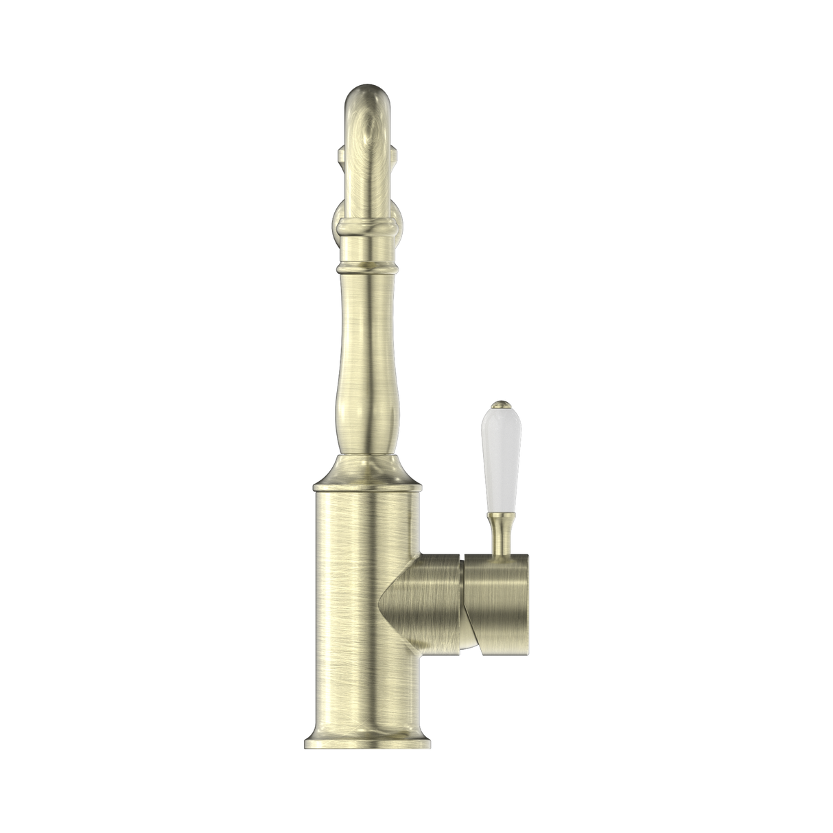 An image of Nero Tapware York Kitchen Mixer Hook Spout With White Porcelain Lever Aged Brass