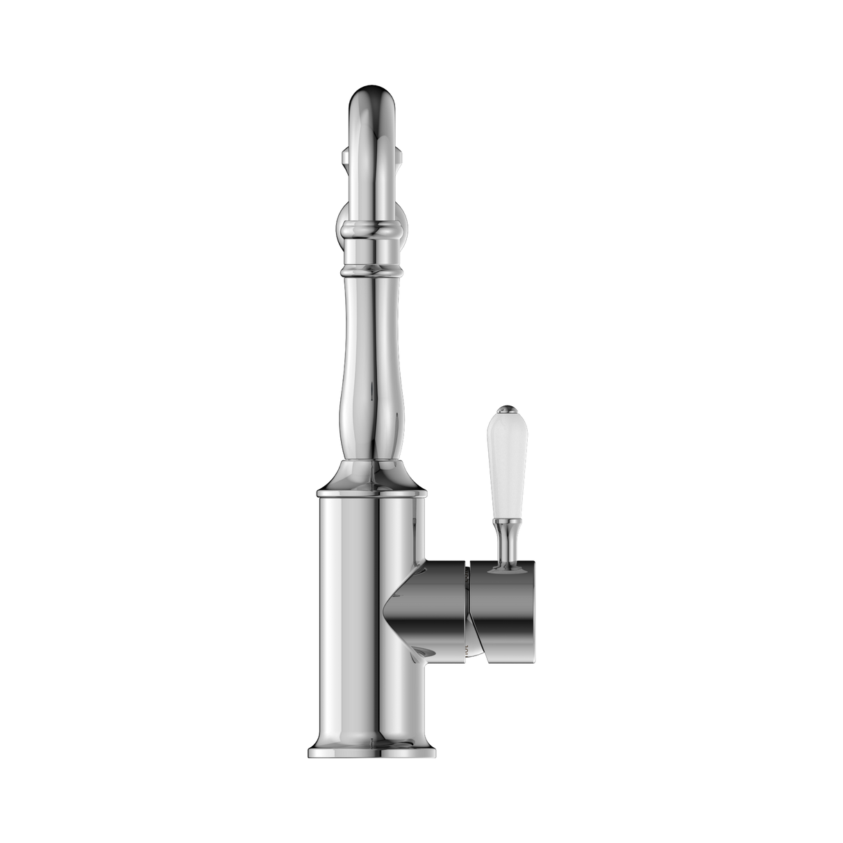 An image of Nero Tapware York Kitchen Mixer Hook Spout With White Porcelain Lever Chrome