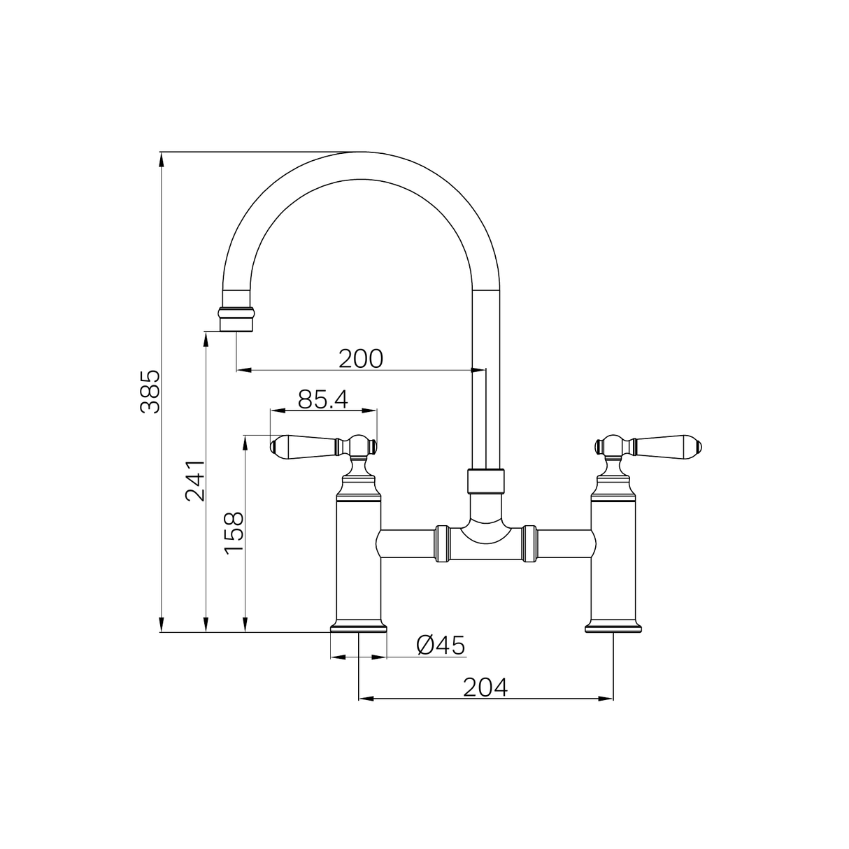 A line drawing of Nero Tapware York Bridge Kitchen Set Matte Black