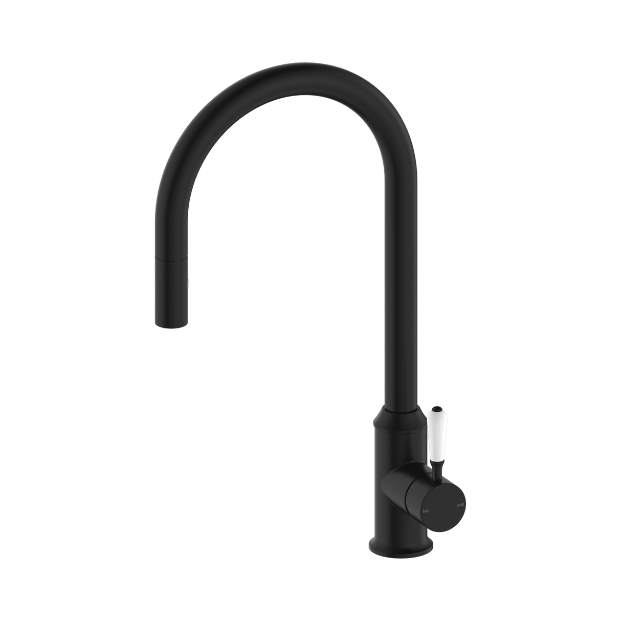 An image of Nero Tapware York Pull Out Sink Mixer With Vegie Spray Function With White Porcelain Lever Matte Black