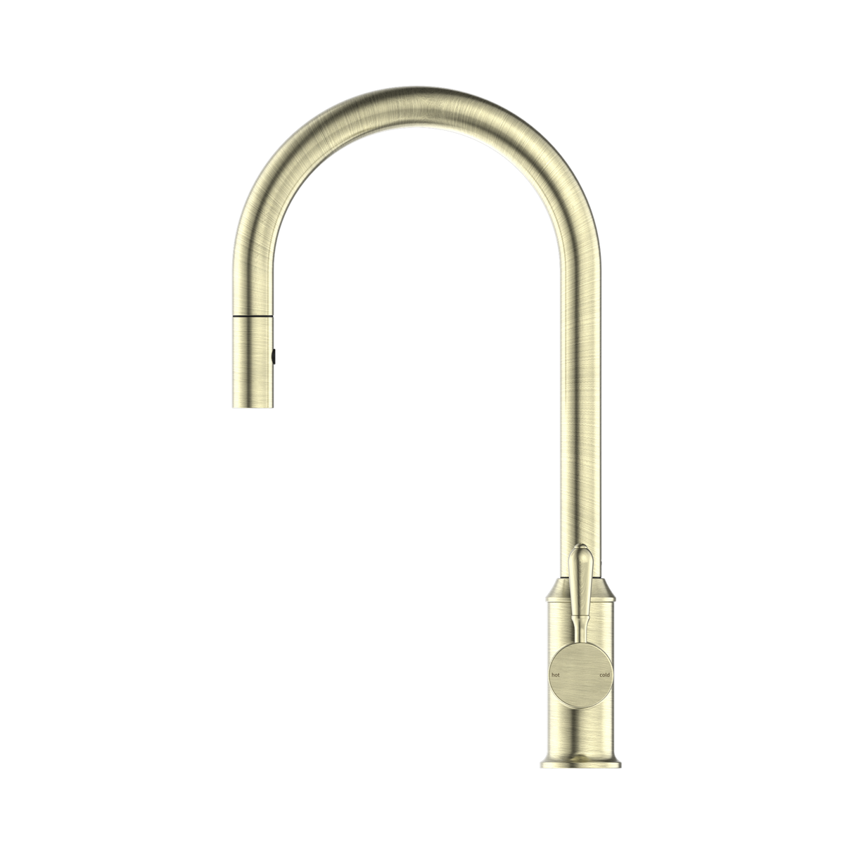 An image of Nero Tapware York Pull Out Sink Mixer With Vegie Spray Function With Metal Lever Aged Brass
