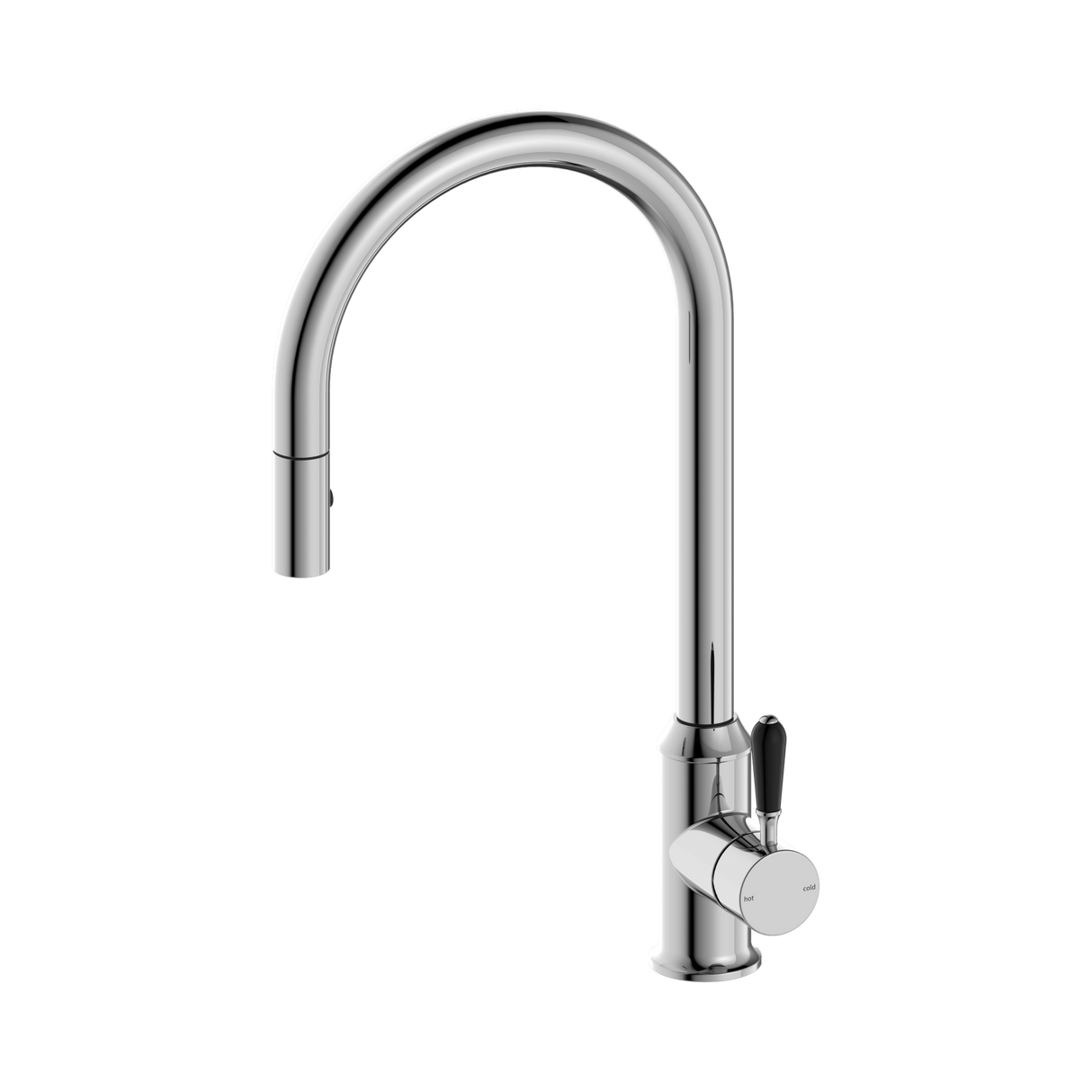 An image of Nero Tapware York Pull Out Sink Mixer With Vegie Spray Function With Black Porcelain Lever Chrome