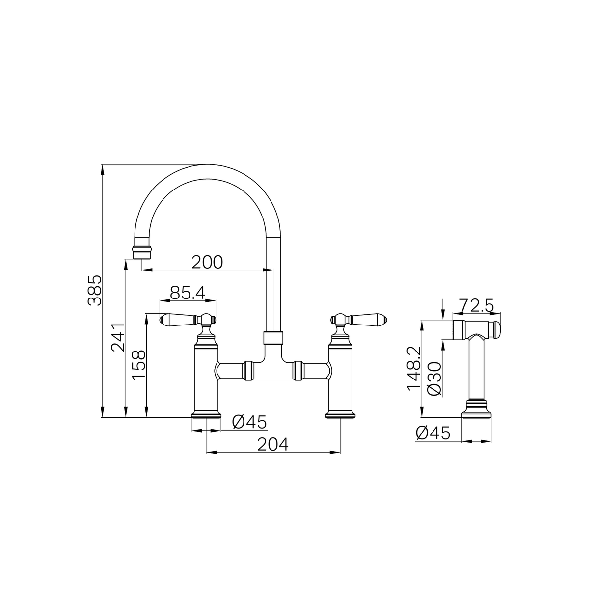 A line drawing of Nero Tapware York Bridge Kitchen Set With Hand Spray Brushed Nickel