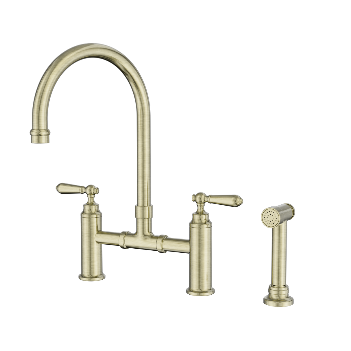 An image of Nero Tapware York Bridge Kitchen Set With Hand Spray Aged Brass