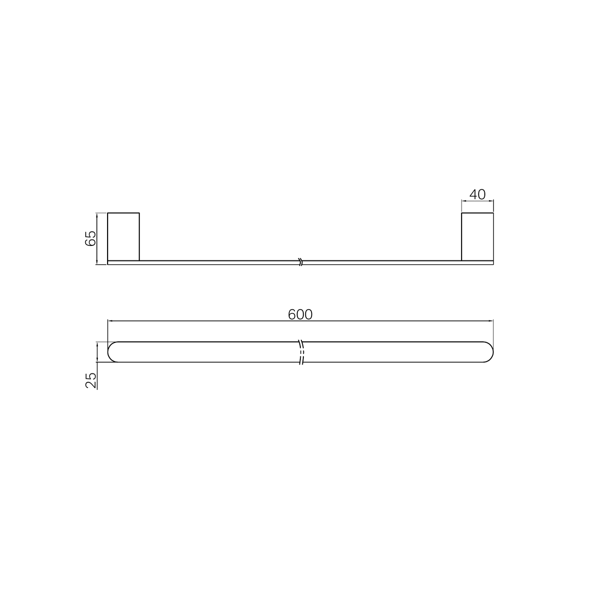 A line drawing of Nero Tapware Bianca Single Towel Rail 600mm Brushed Gold