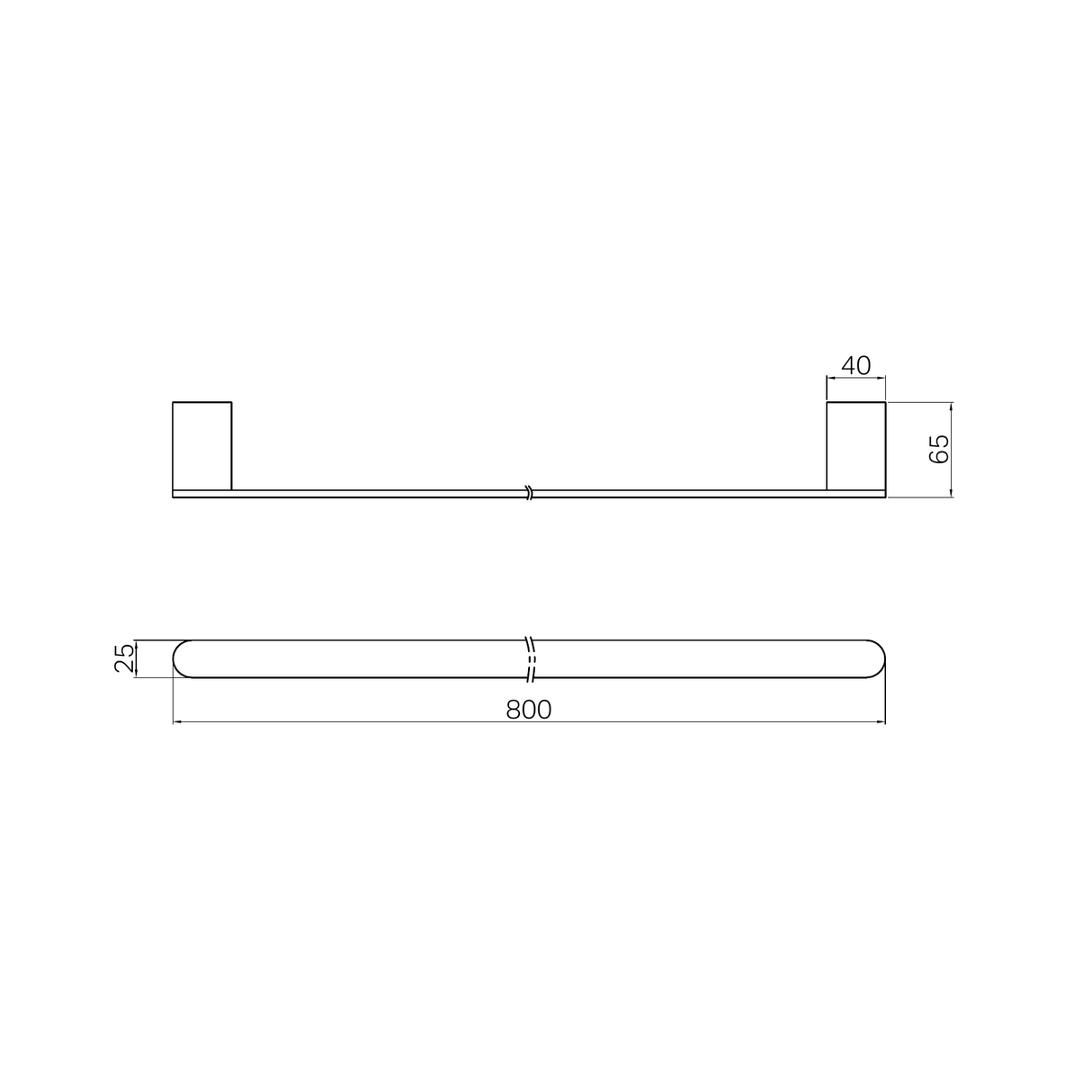 A line drawing of Nero Tapware Bianca Single Towel Rail 800mm Brushed Gold