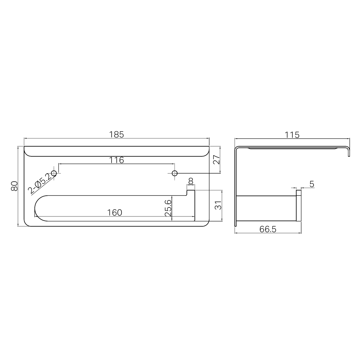 A line drawing of Nero Tapware Bianca Toilet Roll Holder With Phone Holder Chrome