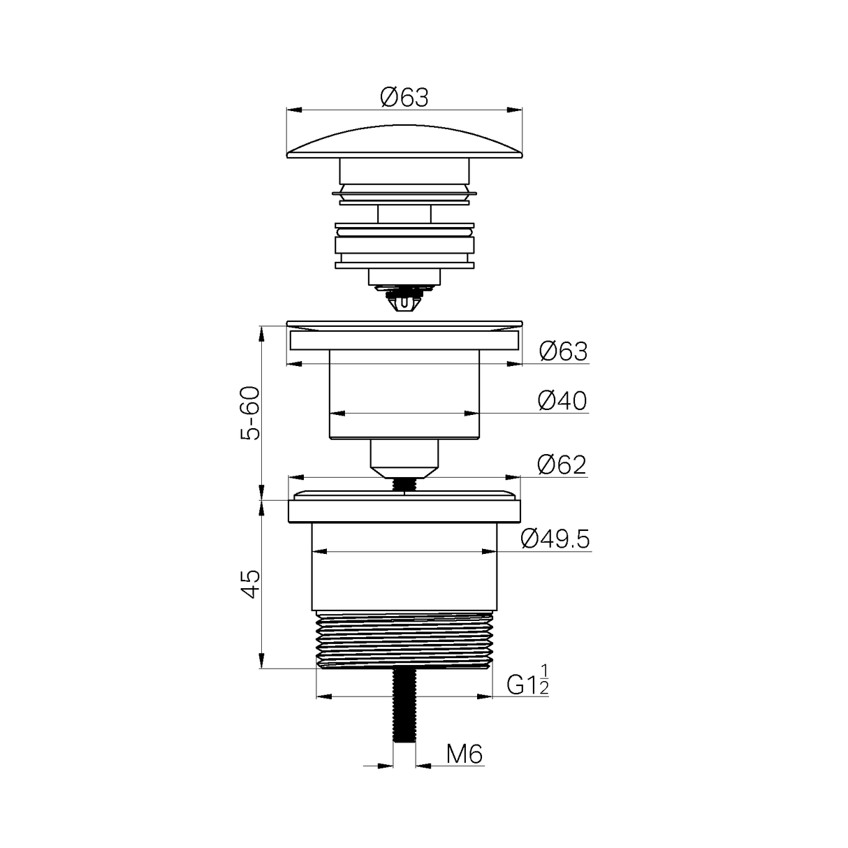 A line drawing of Nero Tapware Universal Pop Up Waste Brushed Nickel
