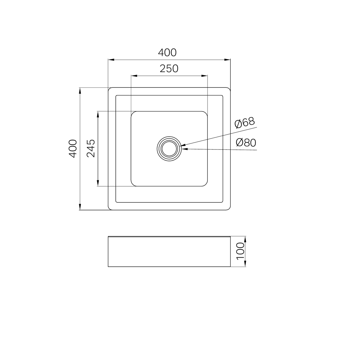 A line drawing of Nero Tapware Opal Square 400mm Stainless Steel Basin Brushed Bronze