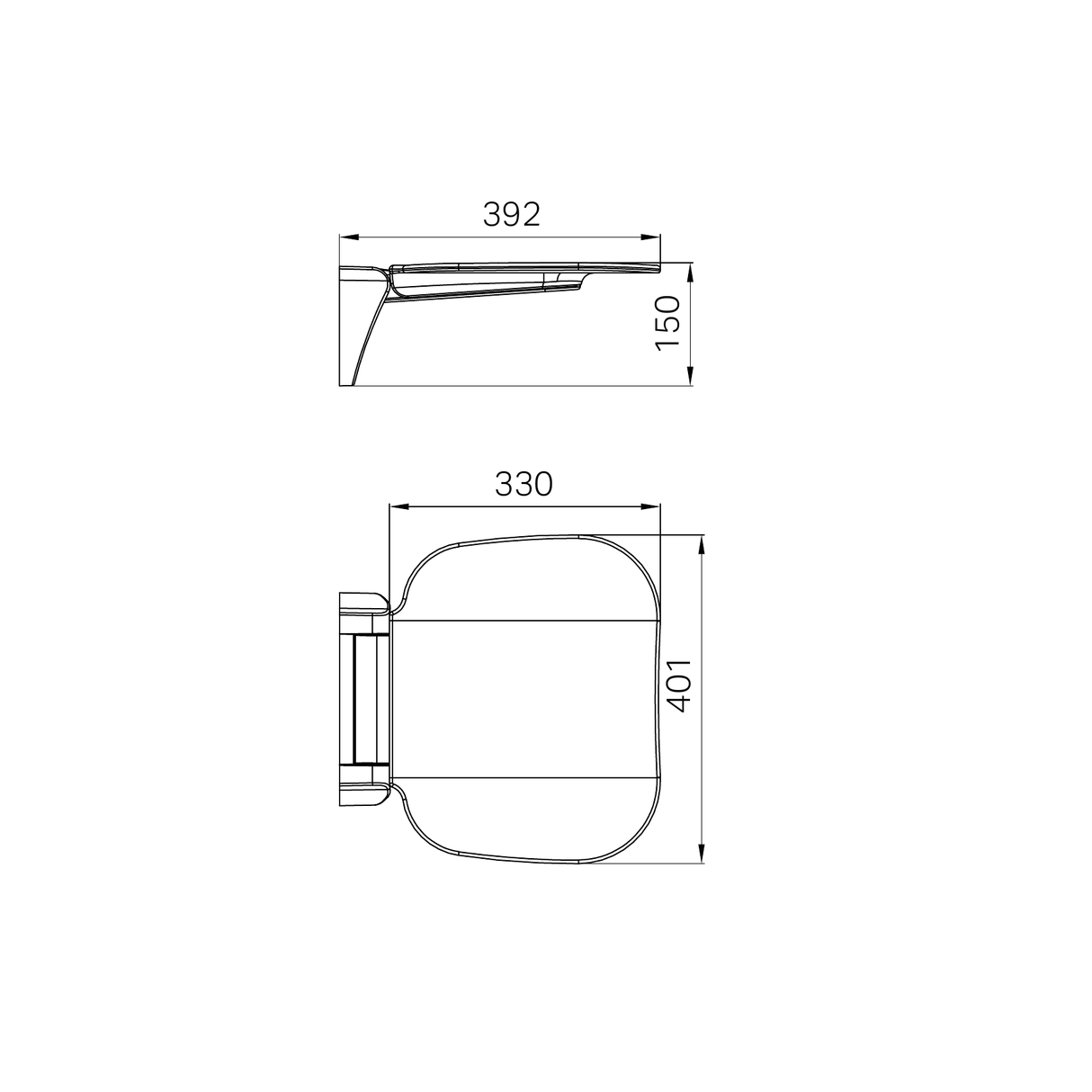 A line drawing of Nero Tapware Mecca Care Shower Seat 400X330mm Gun Metal