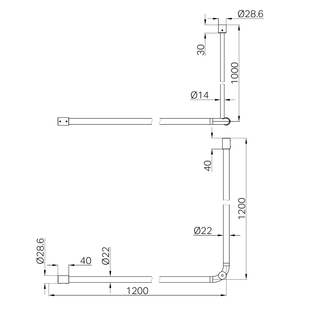 A line drawing of Nero Tapware Mecca Care Curtain Rail 1200x1200mm 90 Degree Chrome