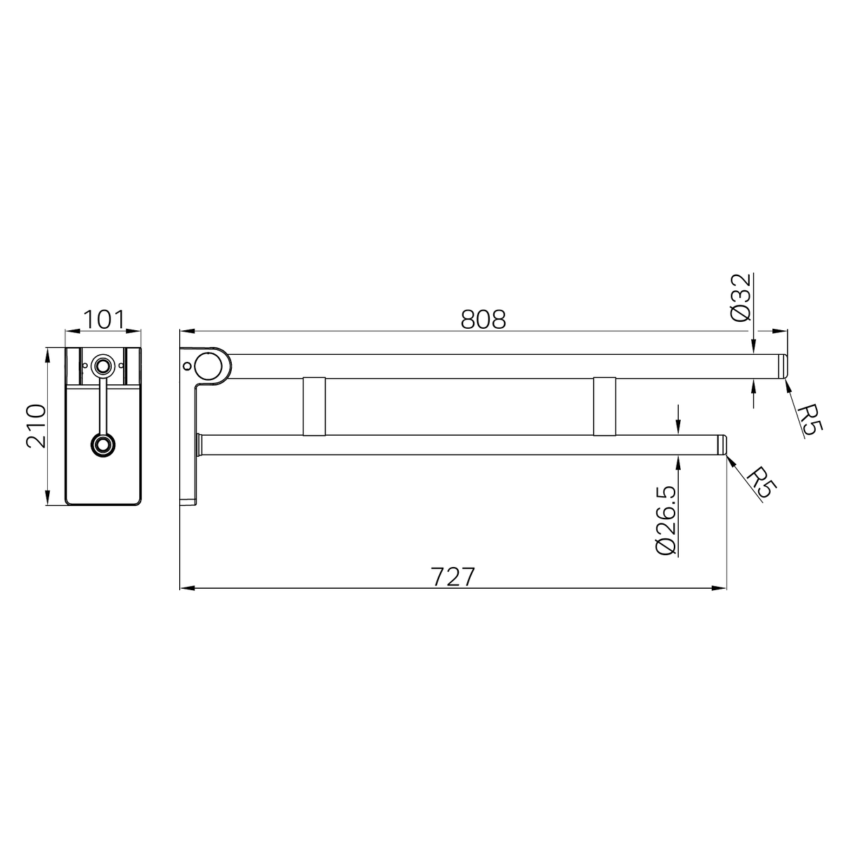 A line drawing of Nero Tapware Mecca Care Foldable Toilet Support Arm Matte Black