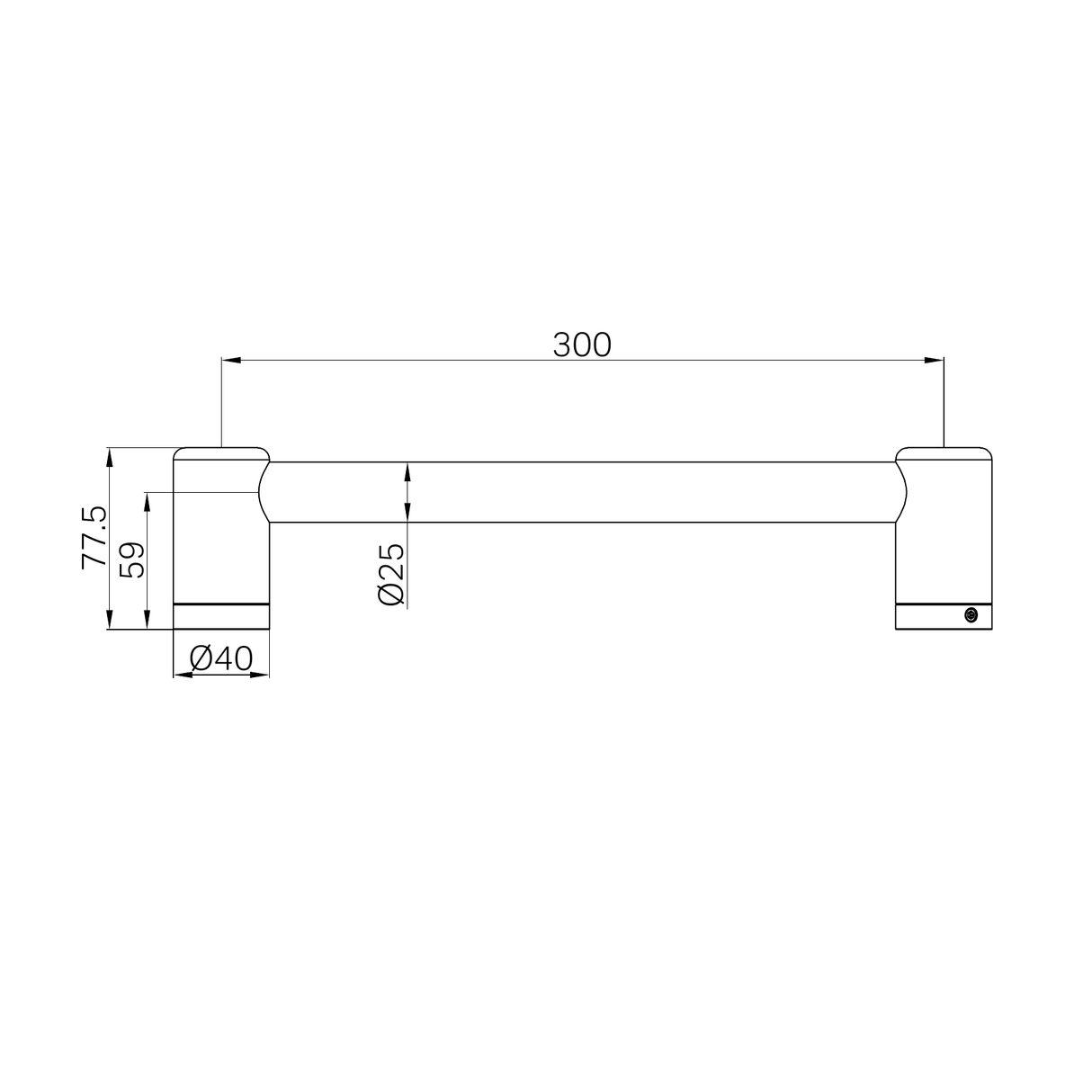 A line drawing of Nero Tapware Mecca Care 25mm Grab Rail 300mm Matte Black