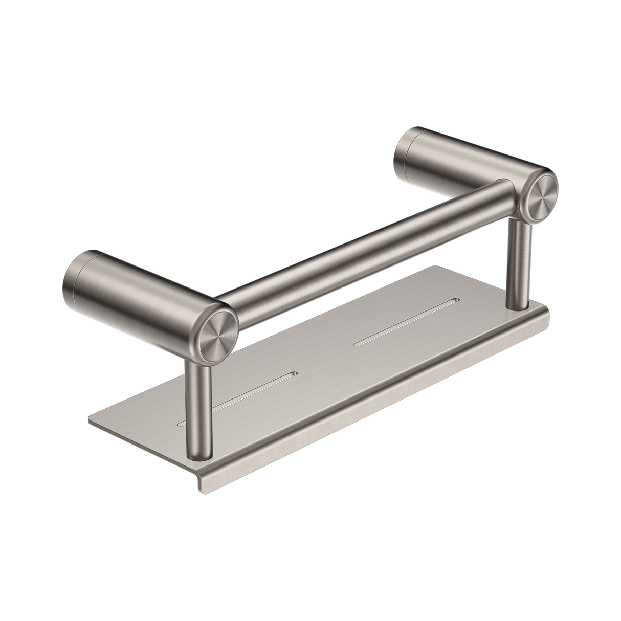An image of Nero Tapware Mecca Care 25mm Grab Rail With Shelf 300mm Brushed Nickel