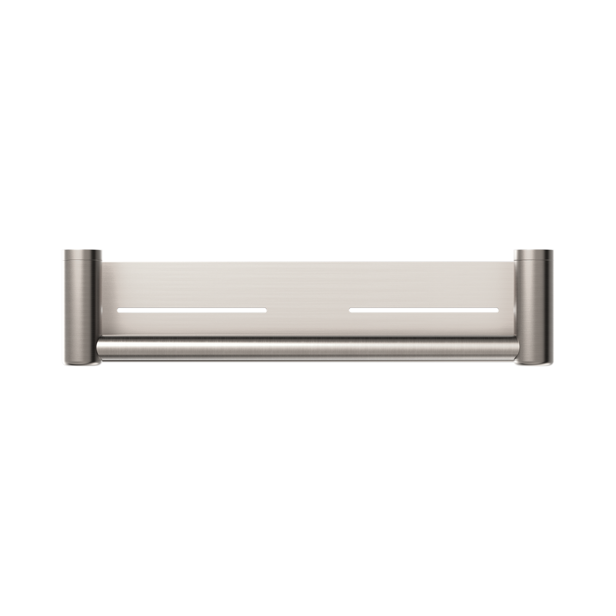 An image of Nero Tapware Mecca Care 25mm Grab Rail With Shelf 450mm Brushed Nickel