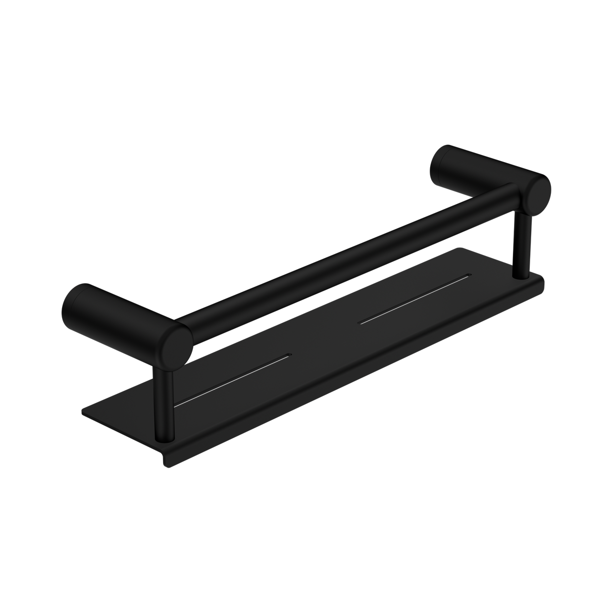 An image of Nero Tapware Mecca Care 25mm Grab Rail With Shelf 450mm Matte Black