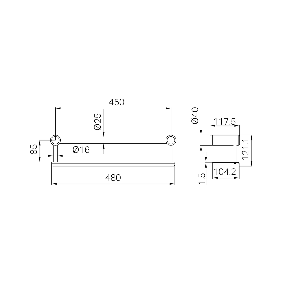 A line drawing of Nero Tapware Mecca Care 25mm Grab Rail With Shelf 450mm Brushed Gold